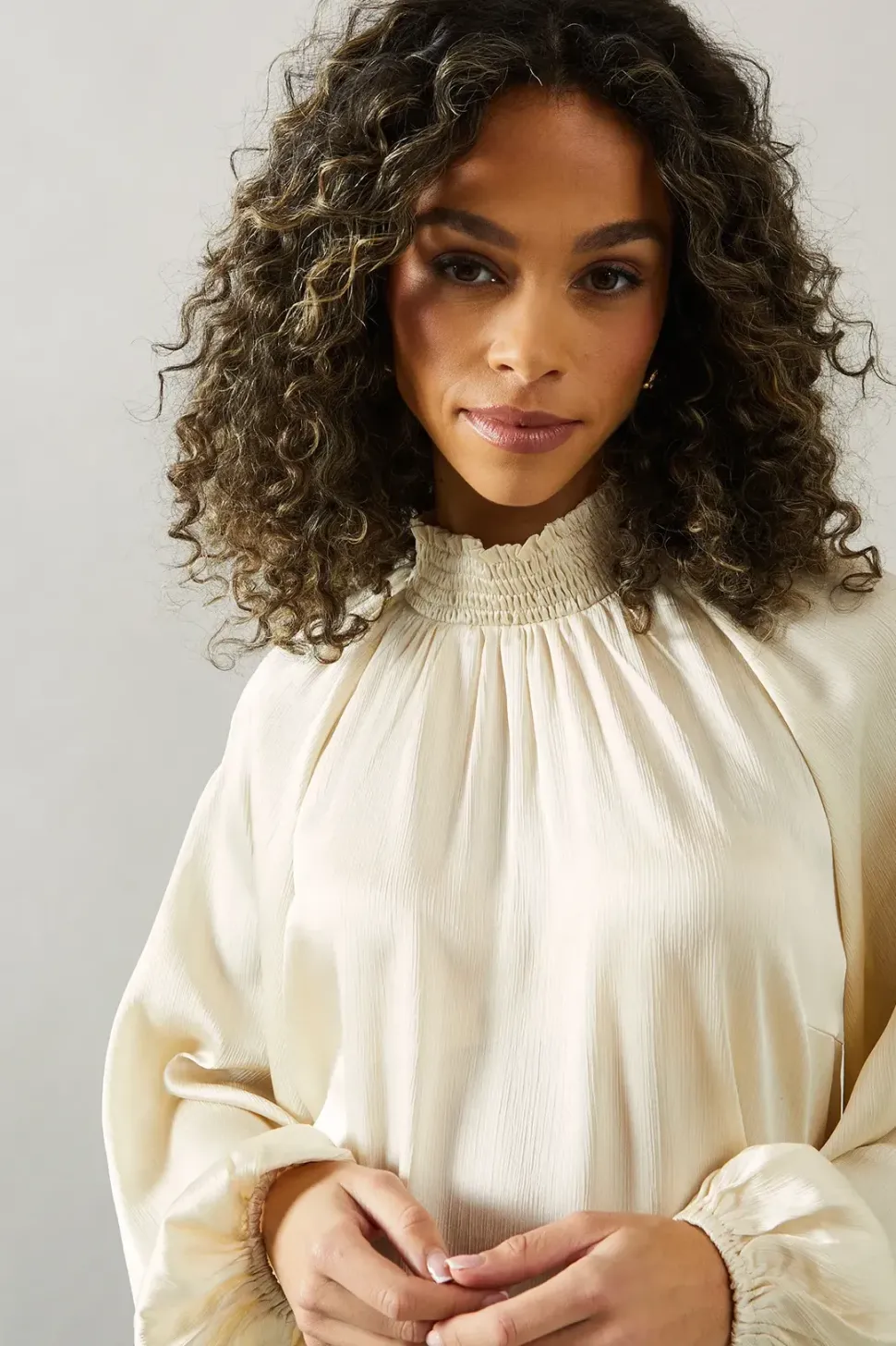 High Neck Satin Blouson Sleeve Blouse