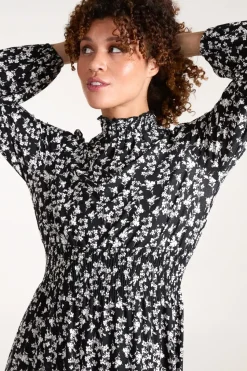 High Neck Shirred Midi Dress