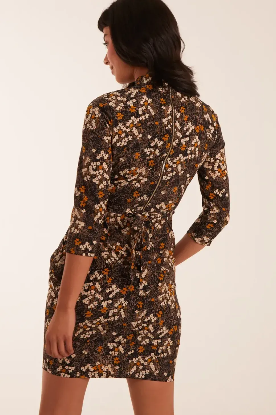 High Neck 3/4 Sleeve Dress With Belt