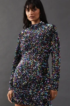 High Neck Velvet Sequin Cutout Back Mini Dress