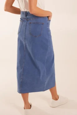 High Rise Denim Midi Skirt