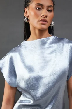 High Shine Metallic Grown On Sleeve Midi Dress