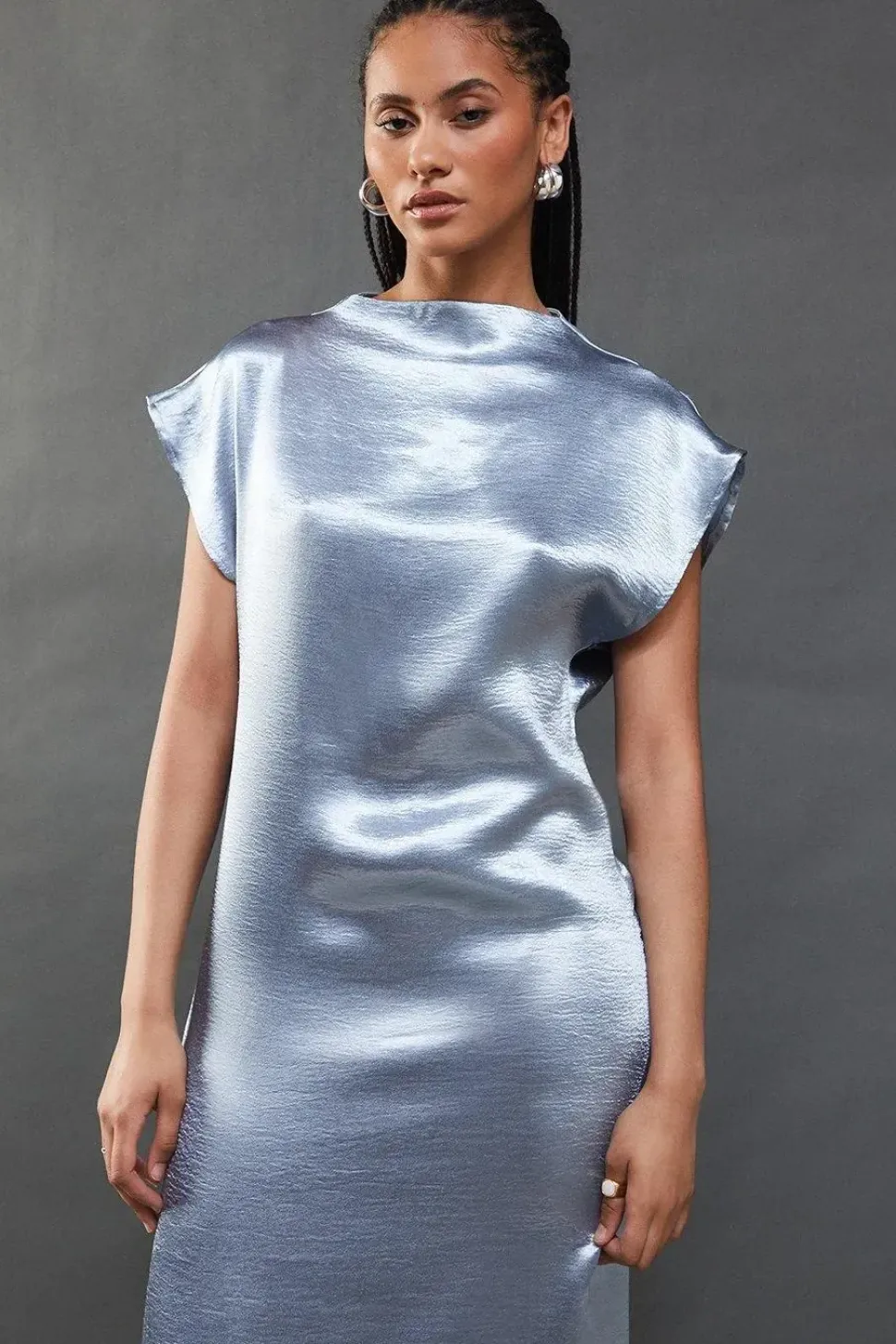 High Shine Metallic Grown On Sleeve Midi Dress