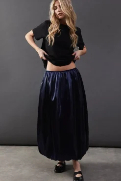High Shine Metallic Puff Ball Midi Skirt