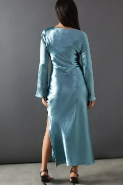 High Shine Metallic Satin Column Midi Dress