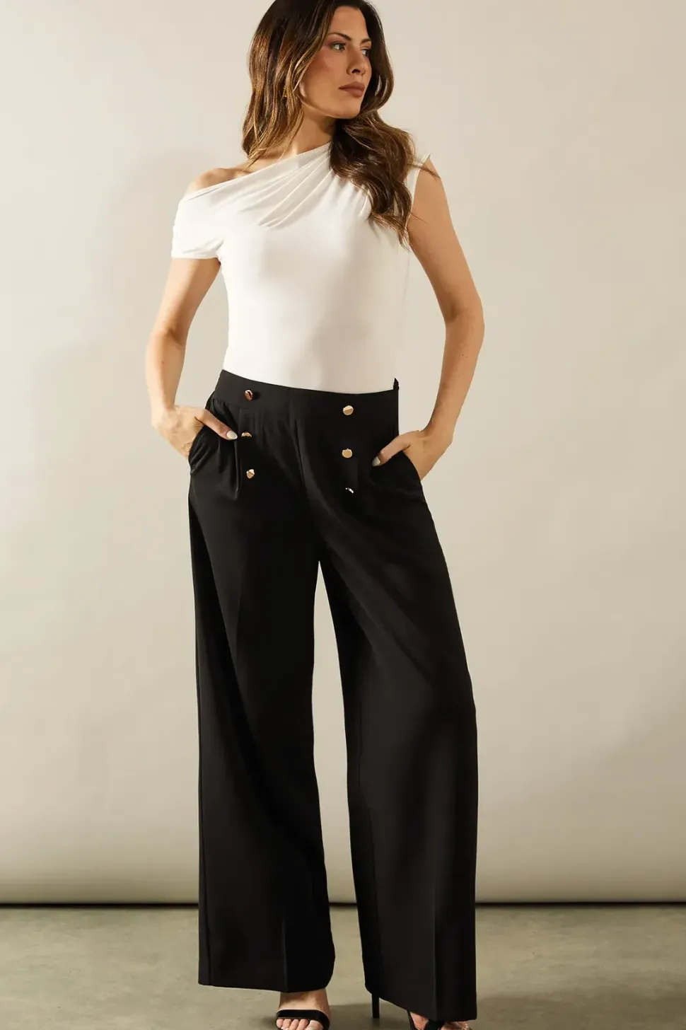 High Waist Button Wide Leg Trouser