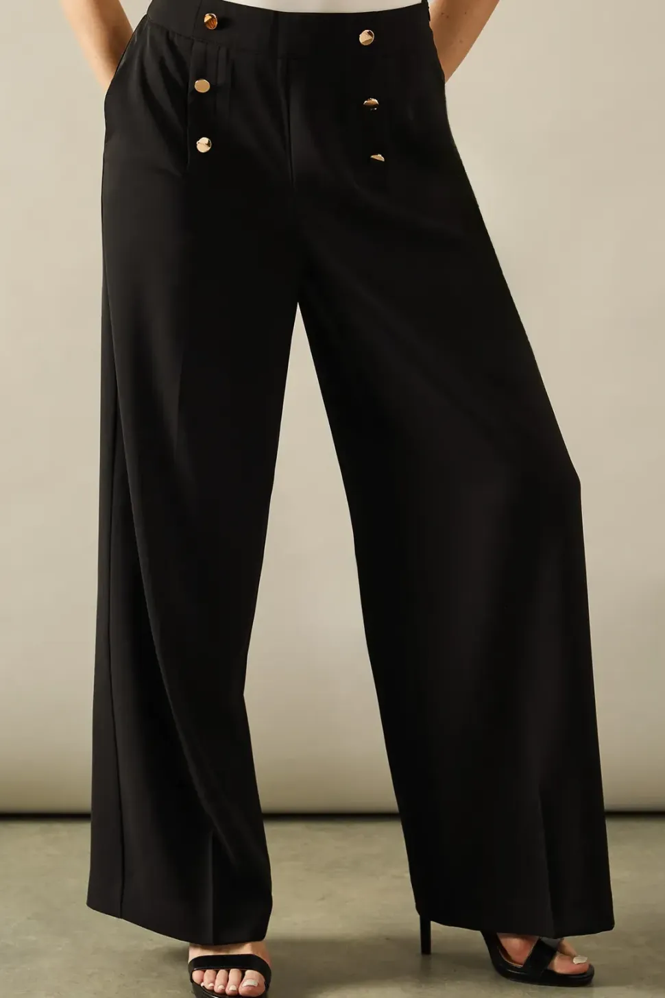 High Waist Button Wide Leg Trouser