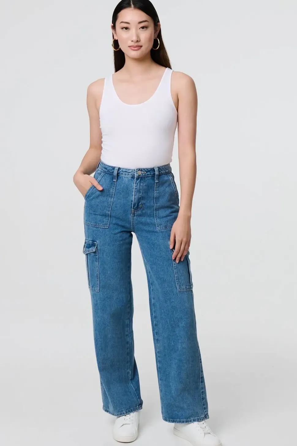 High Waist Denim Cargo Jeans