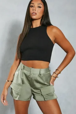 High Waist Satin Cargo Shorts