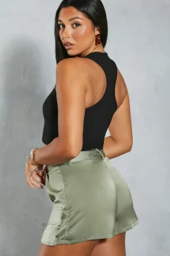 High Waist Satin Cargo Shorts