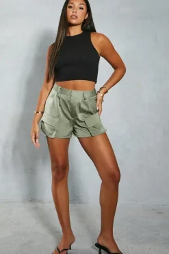 High Waist Satin Cargo Shorts