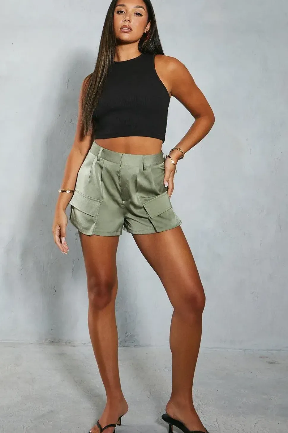 High Waist Satin Cargo Shorts