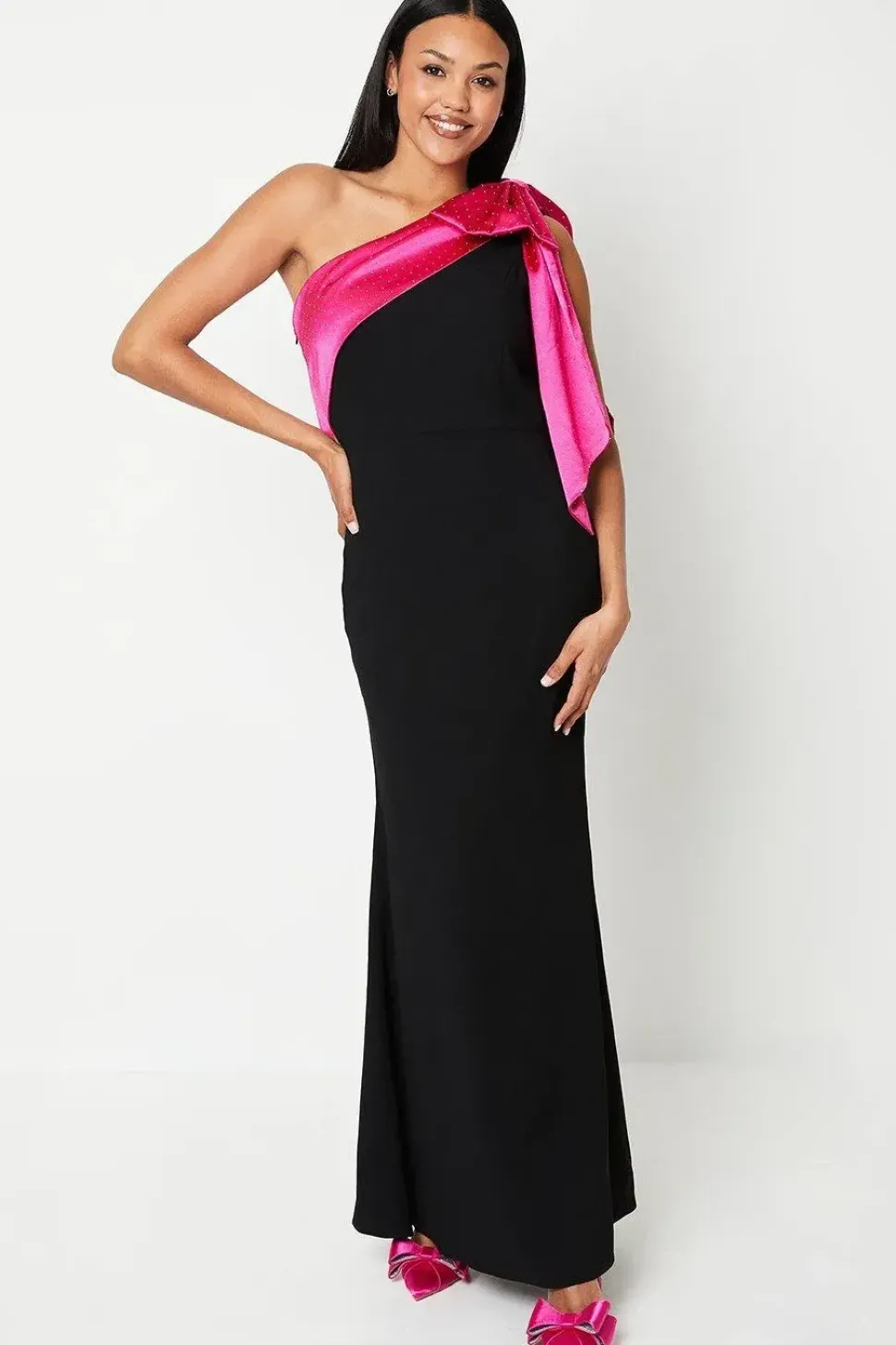 Hotfix Diamante One Shoulder Bow Maxi Dress
