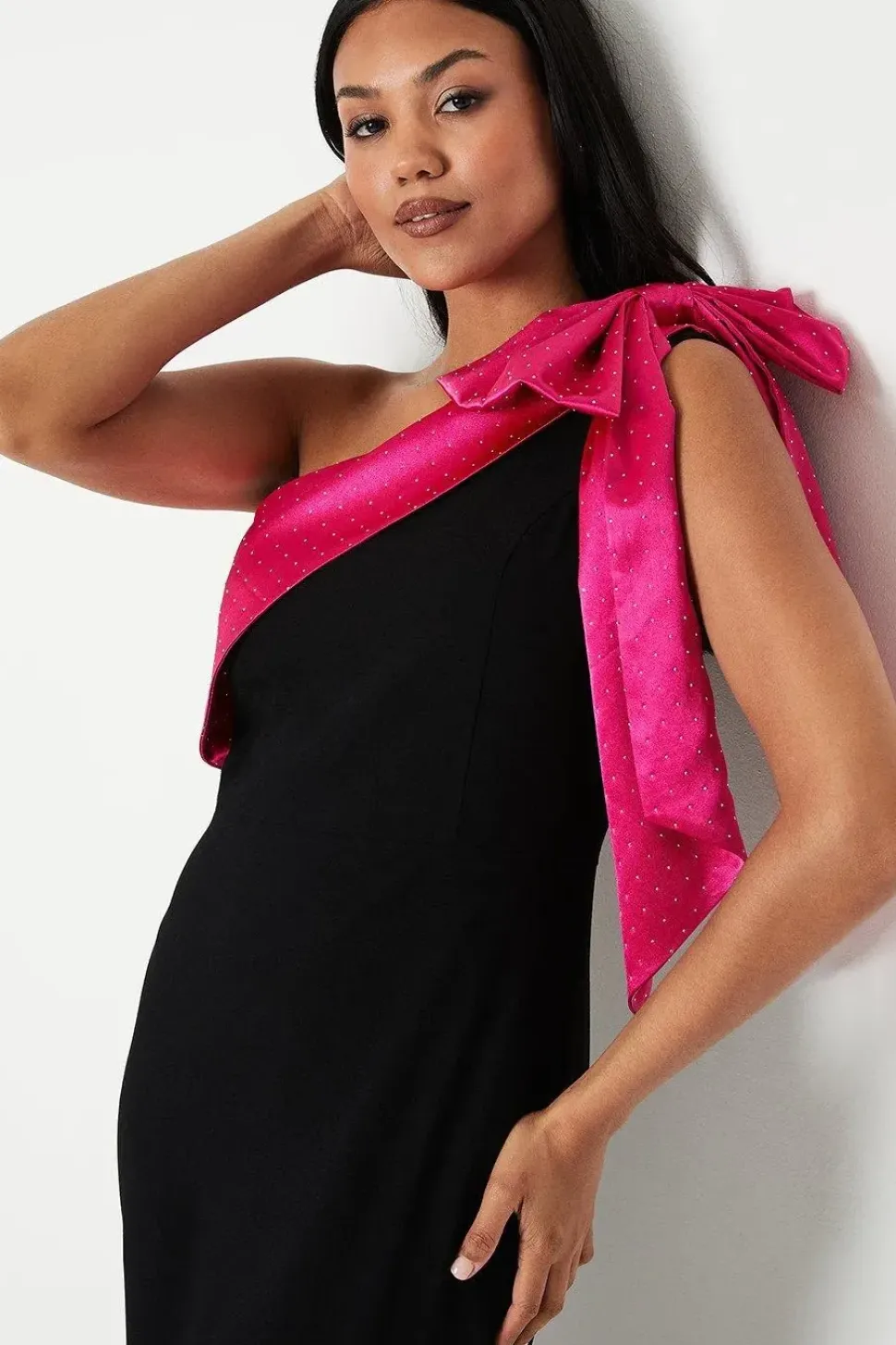 Hotfix Diamante One Shoulder Bow Maxi Dress