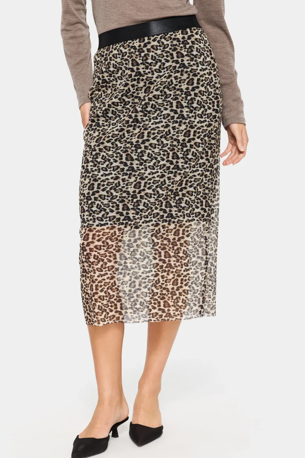 IaraSZ Mesh Elastic Waist Midi Skirt-Leopard Print
