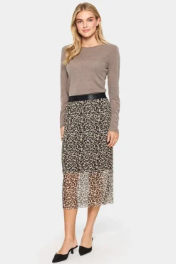 IaraSZ Mesh Elastic Waist Midi Skirt-Leopard Print