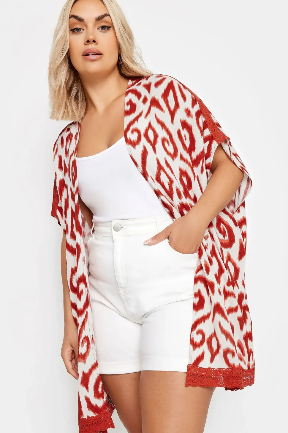 Ikat Print Crochet Trim Kimono