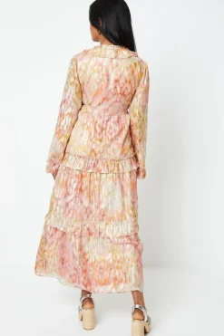 Ikat Print Ruffle Metallic Jacquard Midaxi Dress