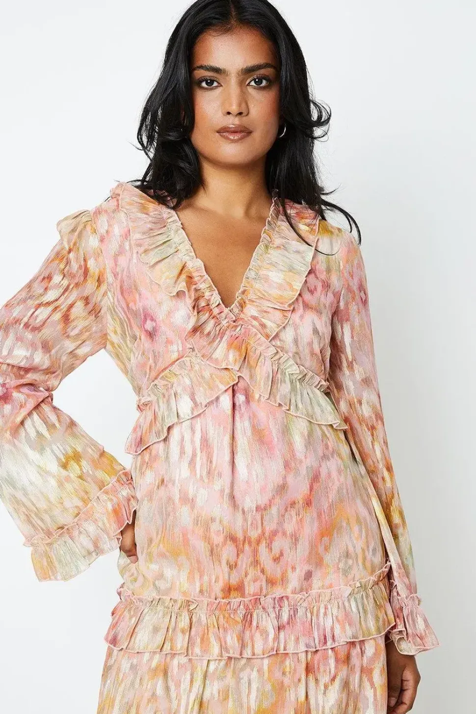 Ikat Print Ruffle Metallic Jacquard Midaxi Dress