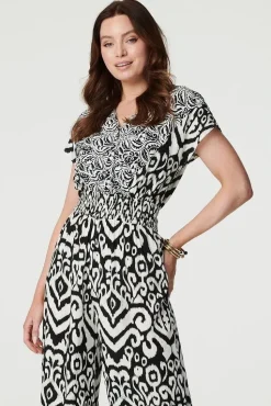 Ikat Print Shirred Waist Jumpsuit