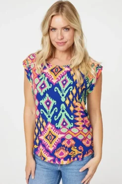 Ikat Print Turn Up Sleeve Top