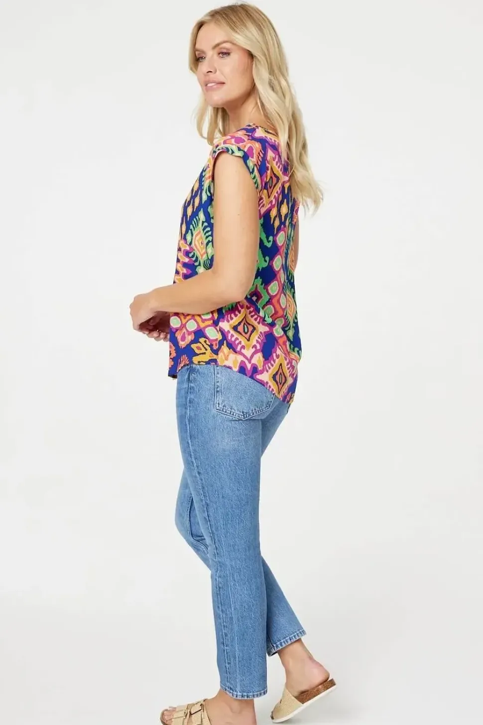 Ikat Print Turn Up Sleeve Top
