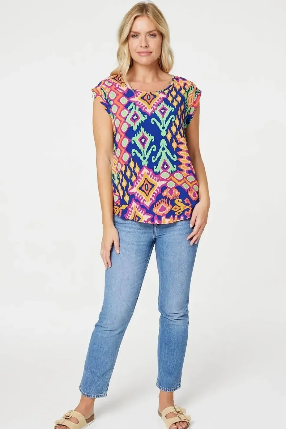 Ikat Print Turn Up Sleeve Top