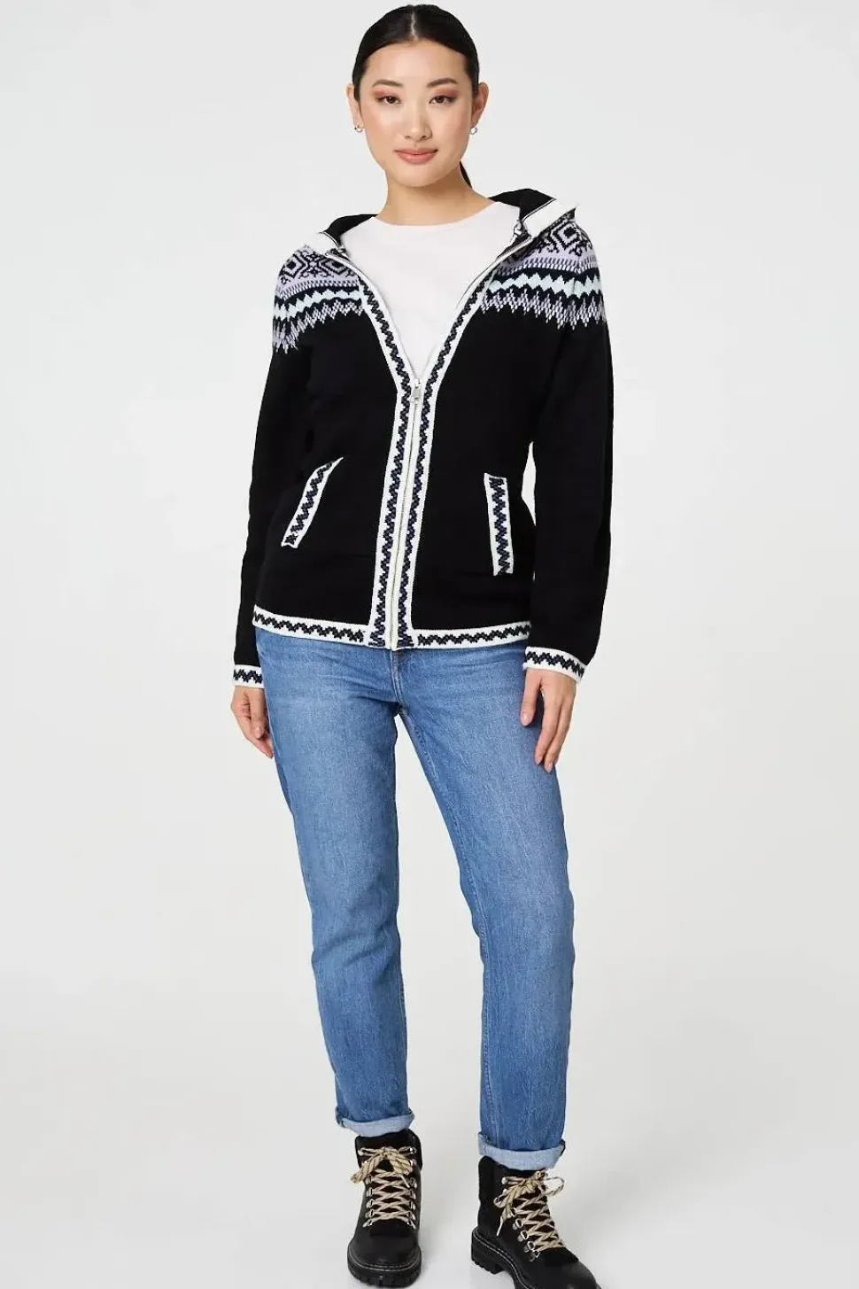 Ikat Print Zip Front Hooded Jumper