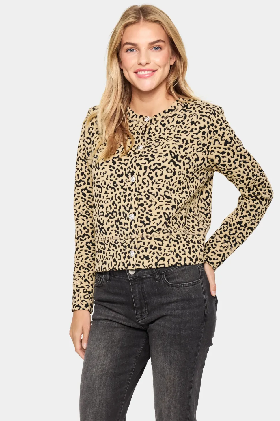 IlsabethSZ Round Neck Buttons Cardigan-Leopard Print