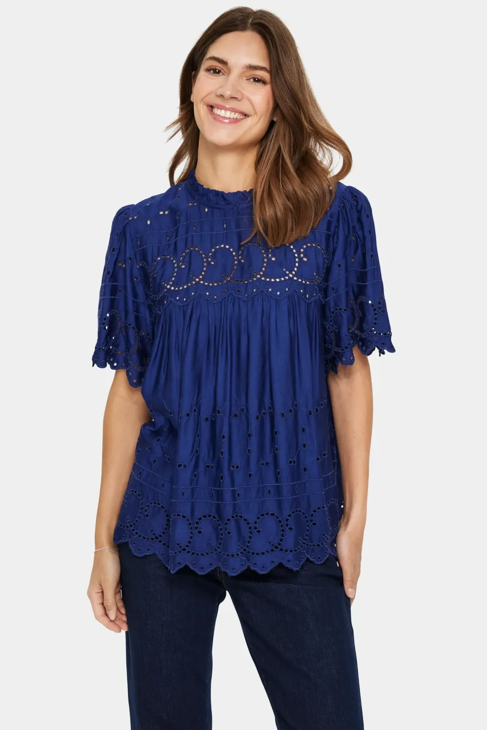 IlseSZ Short Sleeve Eyelet Fabric Blouse-