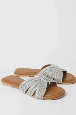 Indigo Leather Sequin Embellished Flat Mule Sandals
