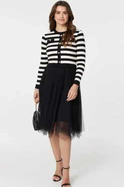 2-In-1 Dress With Striped Top & Midi Mesh Skirt