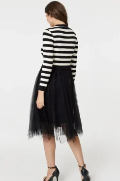 2-In-1 Dress With Striped Top & Midi Mesh Skirt