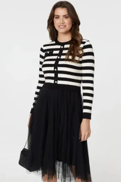 2-In-1 Dress With Striped Top & Midi Mesh Skirt