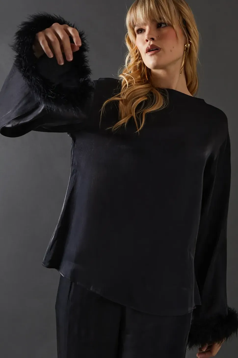 Iridescent Satin Feather Cuff Relaxed Top