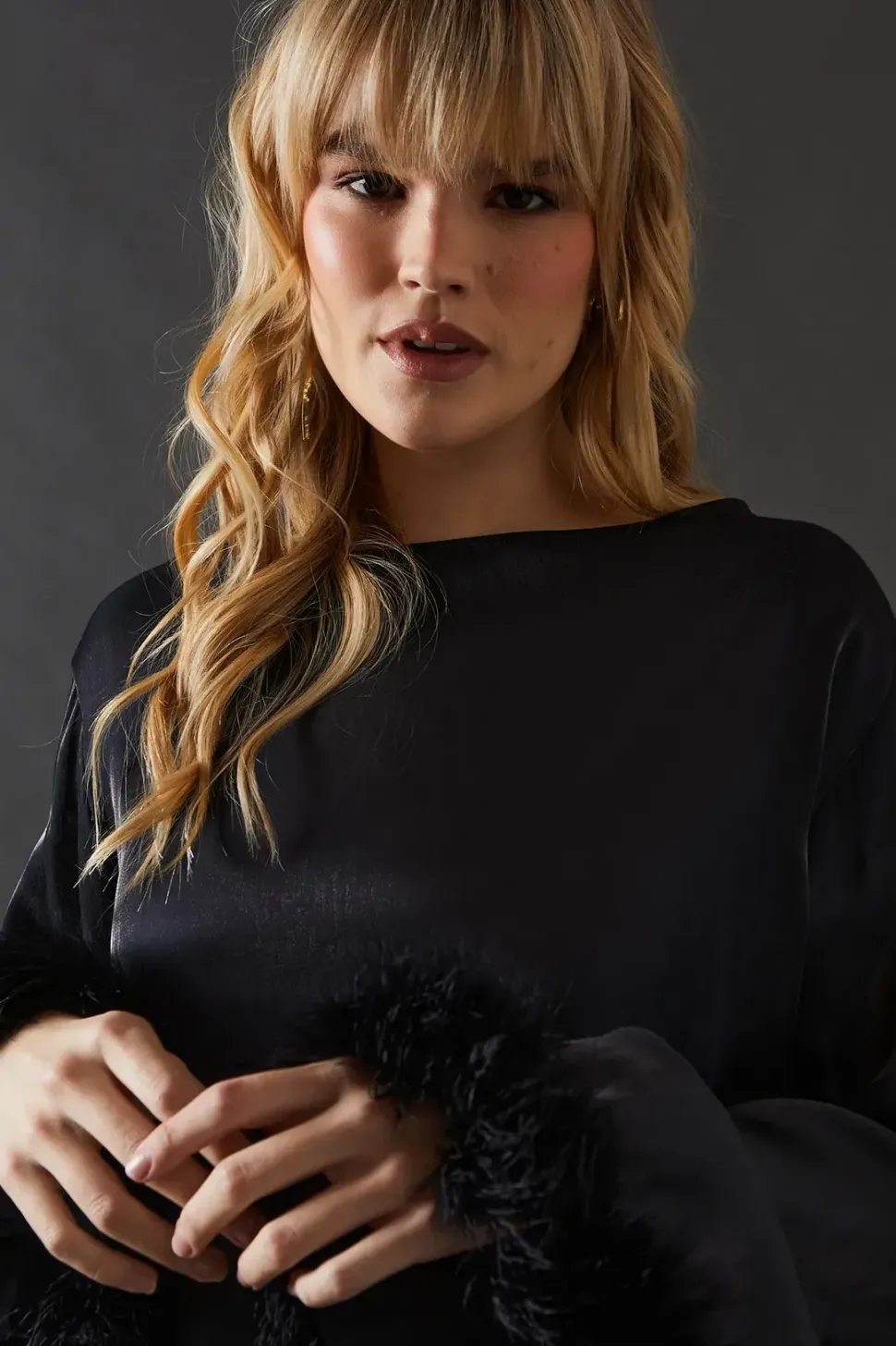 Iridescent Satin Feather Cuff Relaxed Top