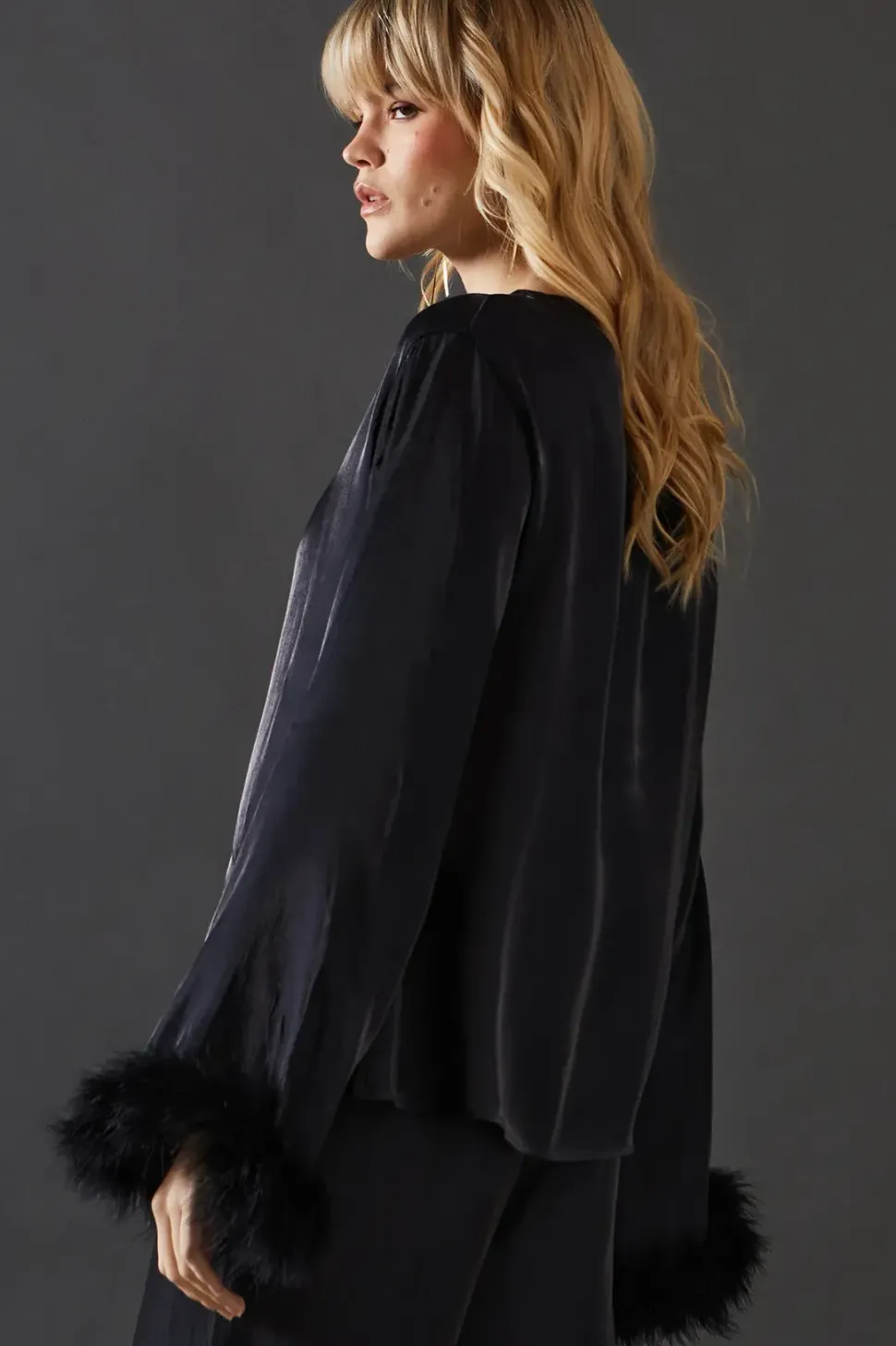 Iridescent Satin Feather Cuff Relaxed Top