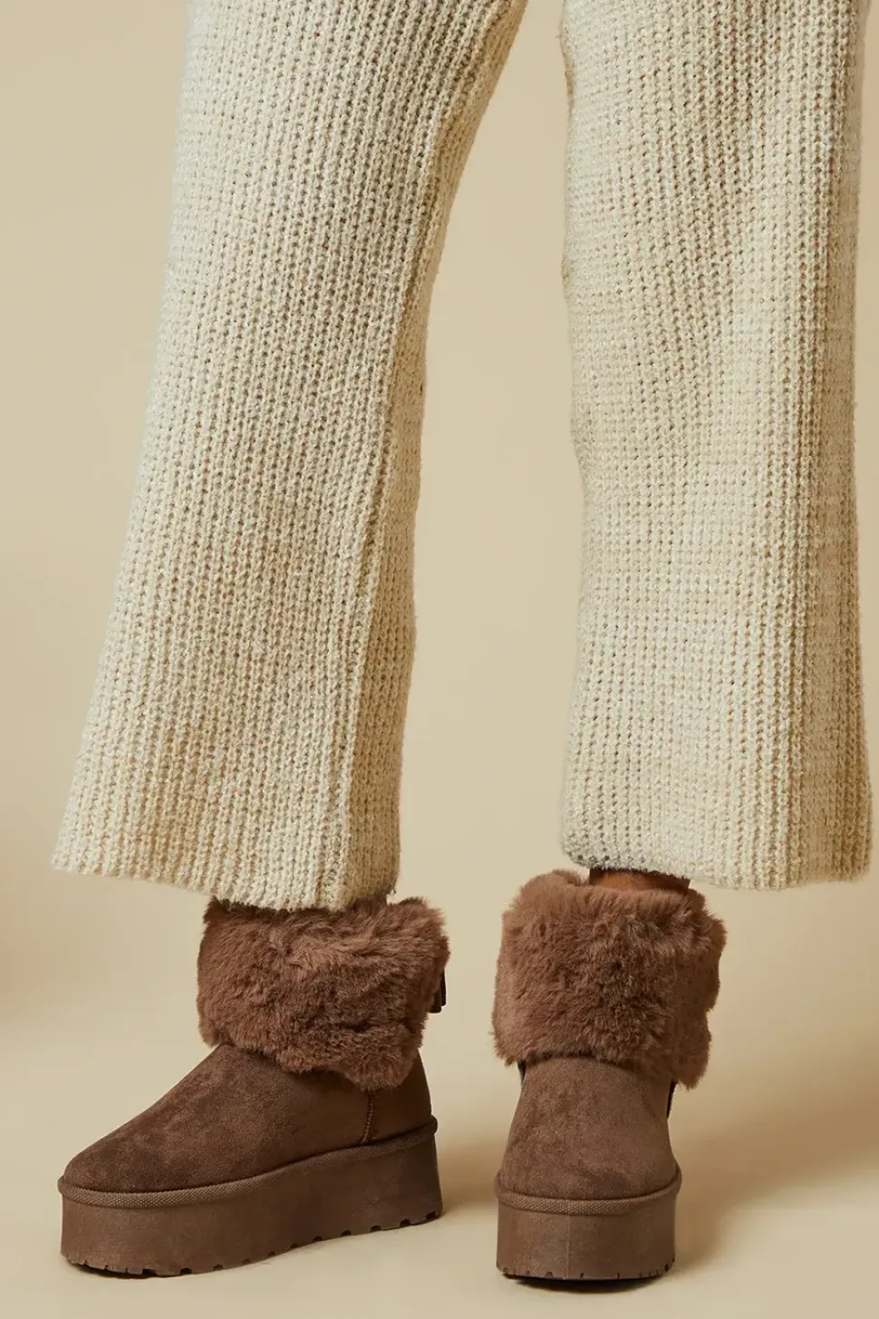 Isabella Faux Fur Trim Back Bow Flatform Ankle Boot