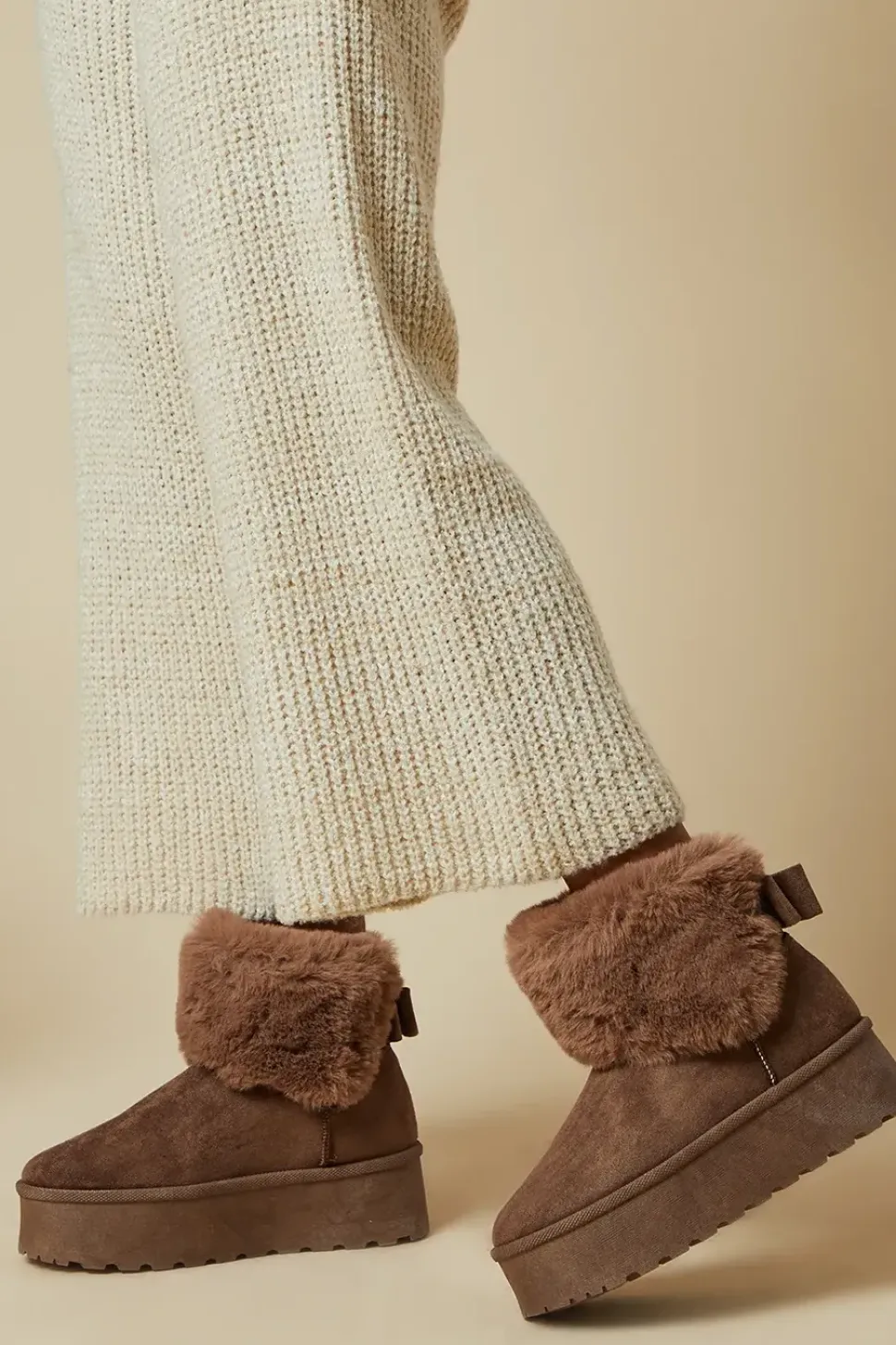 Isabella Faux Fur Trim Back Bow Flatform Ankle Boot
