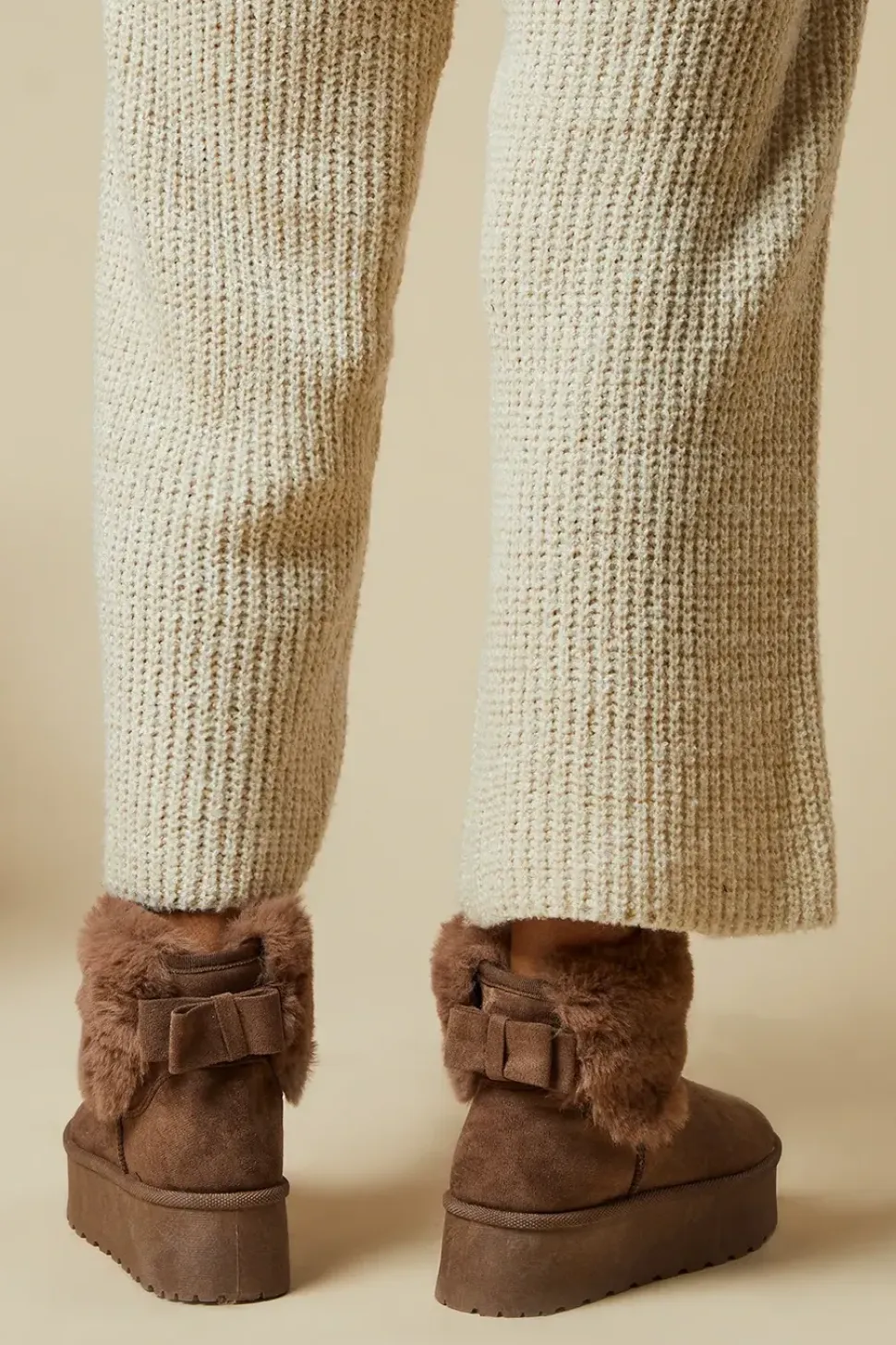 Isabella Faux Fur Trim Back Bow Flatform Ankle Boot