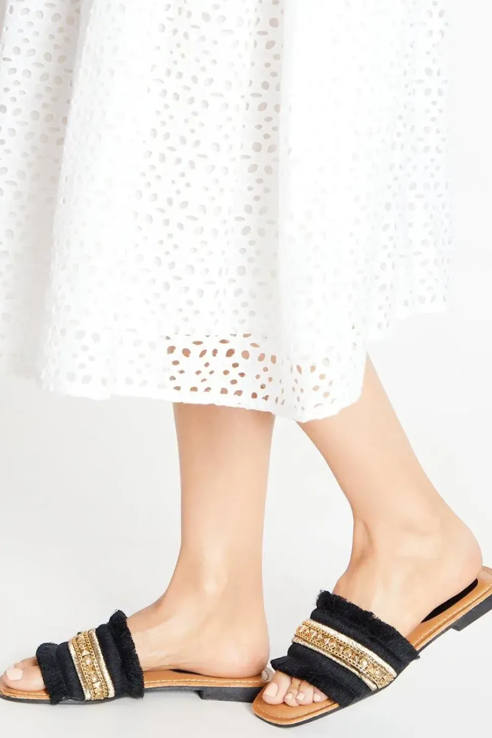 Isra Embellished Fringe Detail Flat Slider Sandals