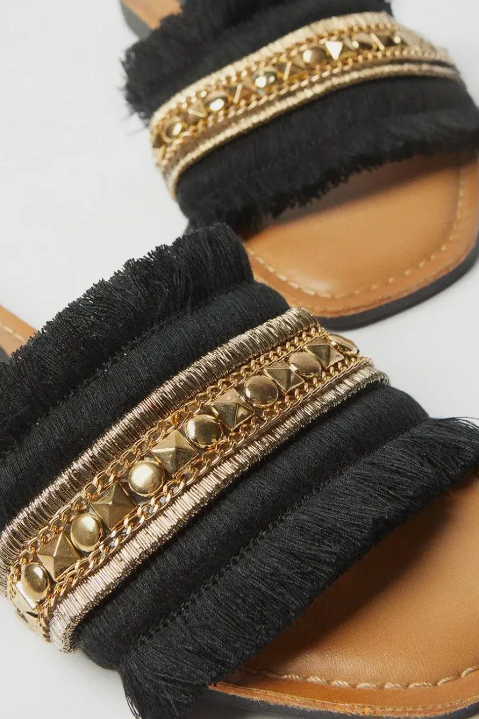 Isra Embellished Fringe Detail Flat Slider Sandals