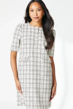 Ivory Boucle Button Detail Shift Dress