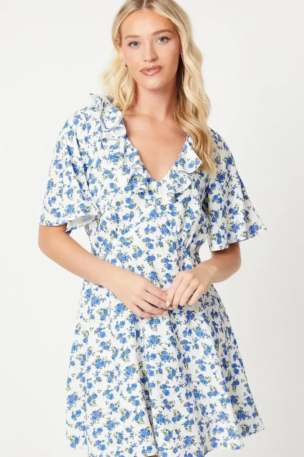 Ivory Ditsy Flutter Sleeve Frill Mini Dress