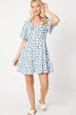 Ivory Ditsy Flutter Sleeve Frill Mini Dress