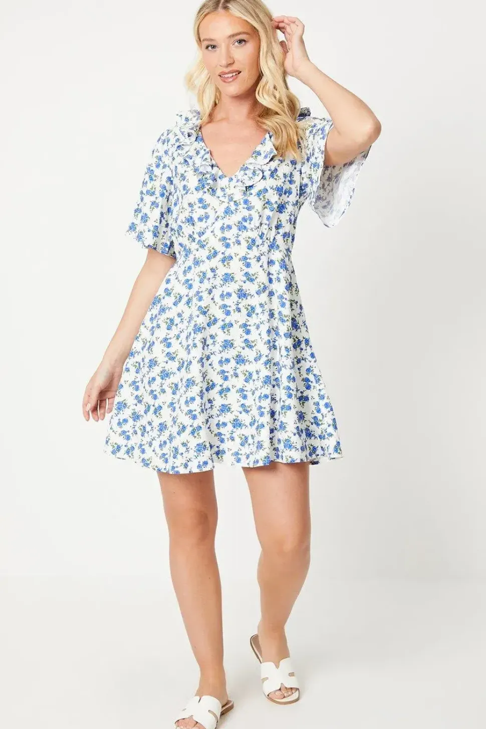 Ivory Ditsy Flutter Sleeve Frill Mini Dress