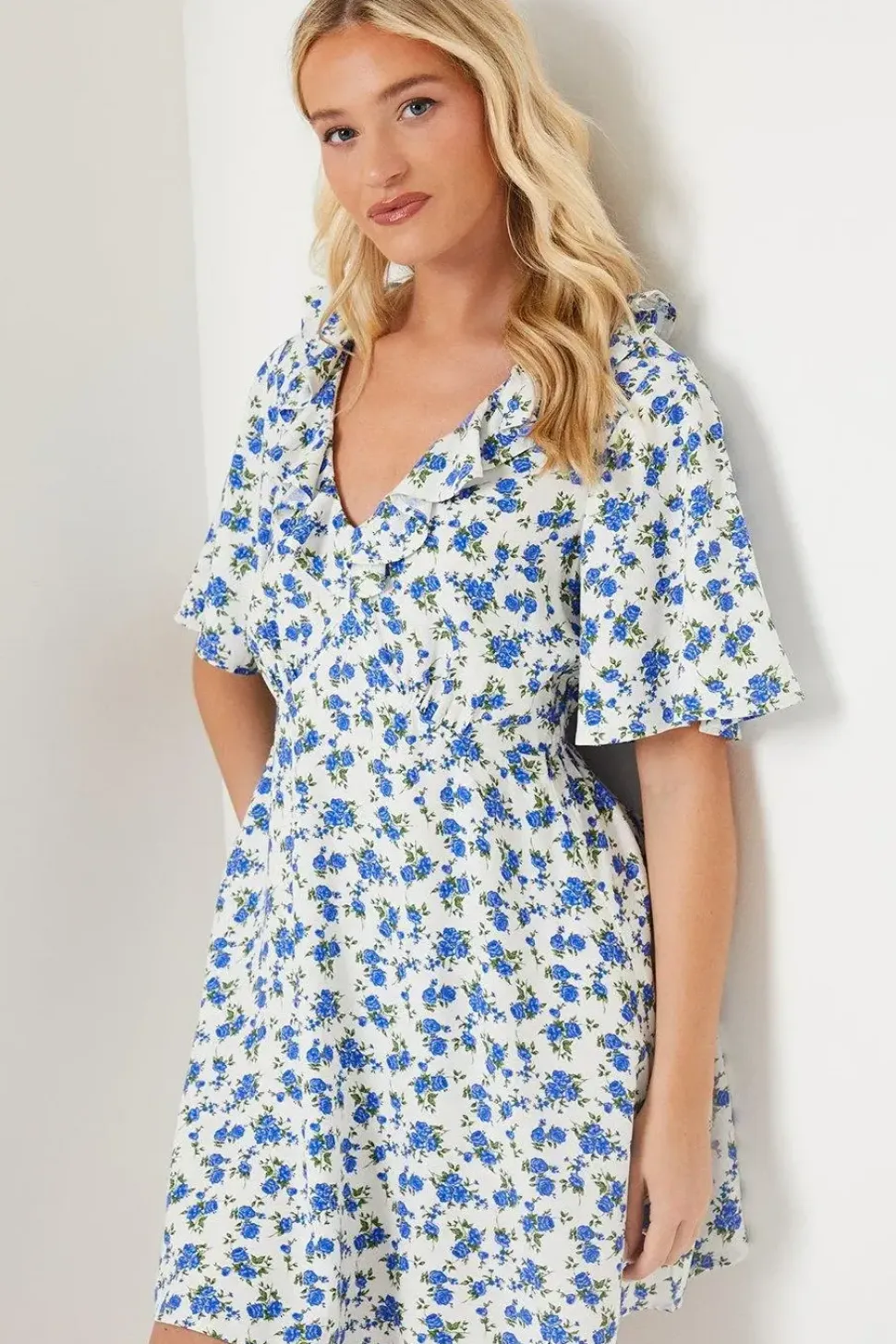 Ivory Ditsy Flutter Sleeve Frill Mini Dress