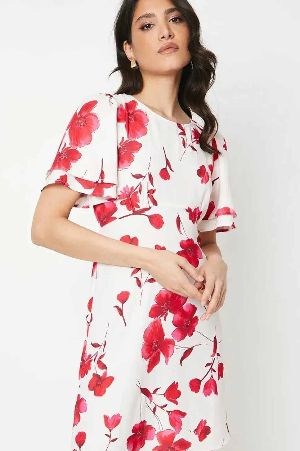 Ivory Floral Angel Sleeve Empire Seam Mini Dress