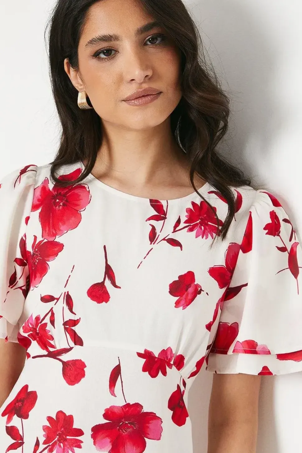 Ivory Floral Angel Sleeve Empire Seam Mini Dress