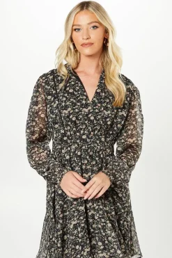 Ivory Floral Chiffon Lace Insert Long Sleeve Mini Dress